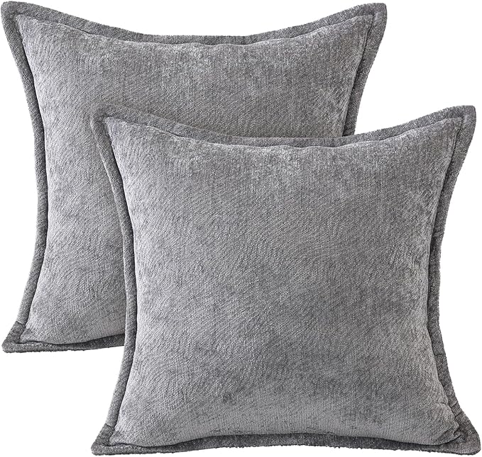 AVOIN colorlife Grey Chenille Throw Pillow Covers 18 x 18 Inch Set of 2, Soft Cozy Bound Edge Design Home Decor Cushion Case for Living Room Bed Sofa Coach