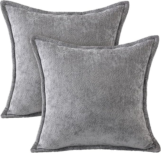 AVOIN colorlife Grey Chenille Throw Pillow Covers 18 x 18 Inch Set of 2, Soft Cozy Bound Edge Design Home Decor Cushion Case for Living Room Bed Sofa Coach