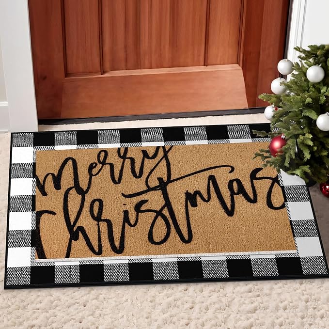 2 Pcs Merry Christmas Door Mat Xmas Welcome Non Slip Coir Mats Black White Buffalo Plaid Floor Layering Doormats Seasonal for Front Porch Entryway Decor(Merry Christmas)