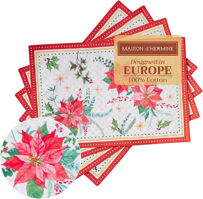 Maison d' Hermine Placemats Set of 4 100% Cotton Washable Cloth Place Mats, Reusable Table Mats for Kitchen Dining Decoration, Party, Wedding, Restaurant (Poinsettia Christmas, 13" x 19")