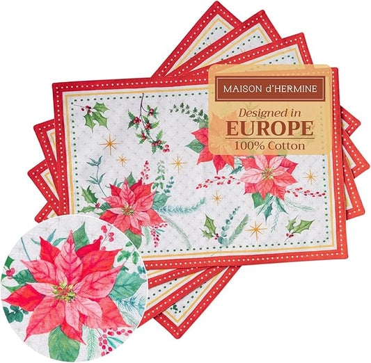 Maison d' Hermine Placemats Set of 4 100% Cotton Washable Cloth Place Mats, Reusable Table Mats for Kitchen Dining Decoration, Party, Wedding, Restaurant (Poinsettia Christmas, 13" x 19")