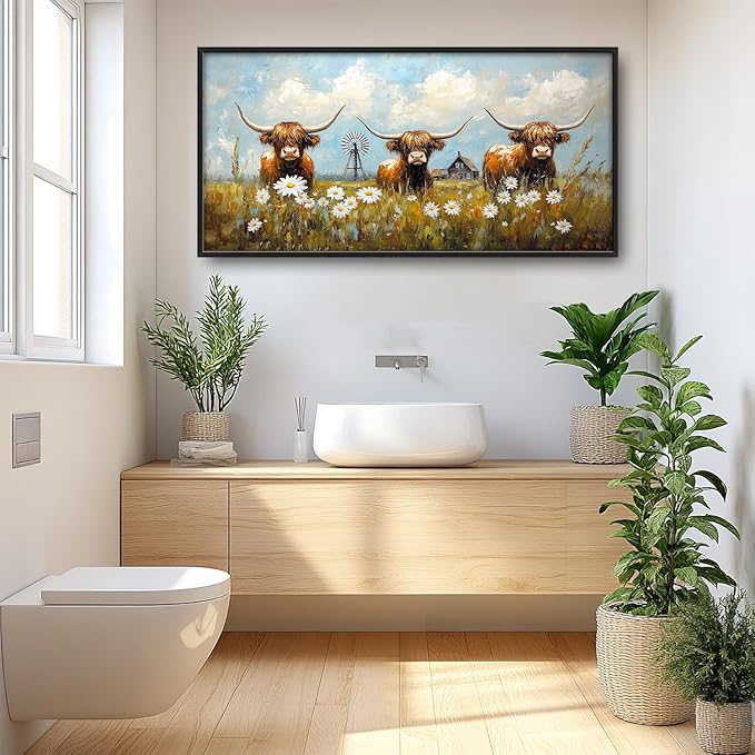 Flintis Large Highland Cow Barn Framed Wall Art Farmhouse Highland Cattle Daisy Pictures Wall Decor Abstract Canvas Painting Print Artworks Framed for Living Room Bathroom Master Bedroom 60L X 30W