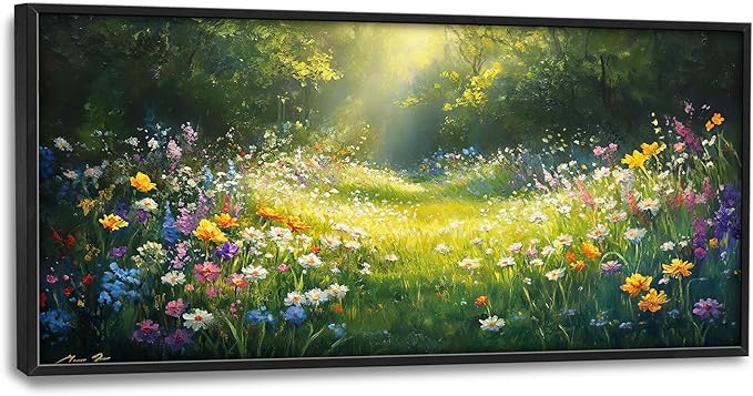 Green Forest Wall Art for Living Room, Large Green Canvas Wall Decor, Wildflowers Flowers Pictures Framed Painting, Landscape Artwork for Bedroom Office Home Decor 60L'' × 30W''