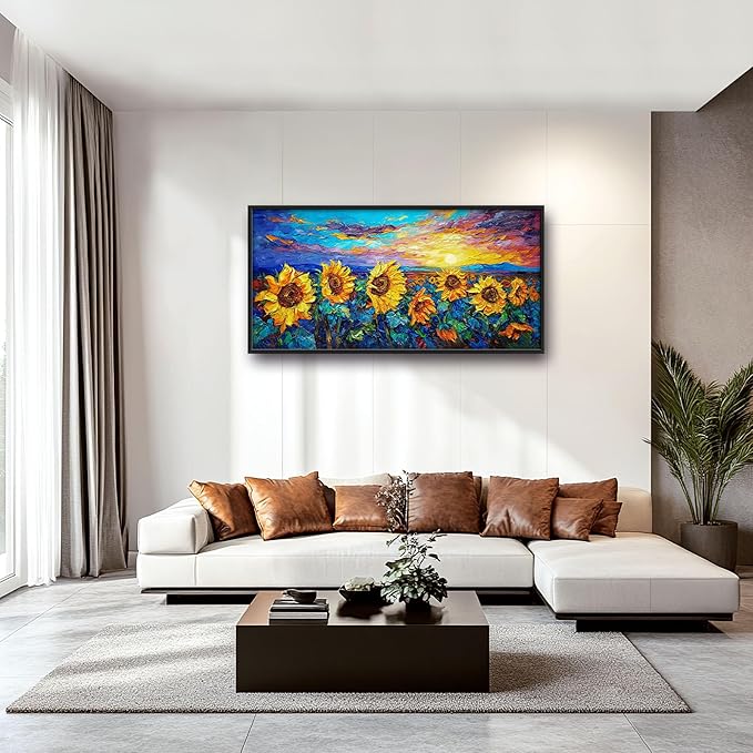 Sunflower Large Wall Art for Living Room Framed, Floral Wall Decor Pictures, Sunflower Field Landscape Canvas Print Painting, Aesthetic Artwork Bedroom Office Home Decor 60"x30"