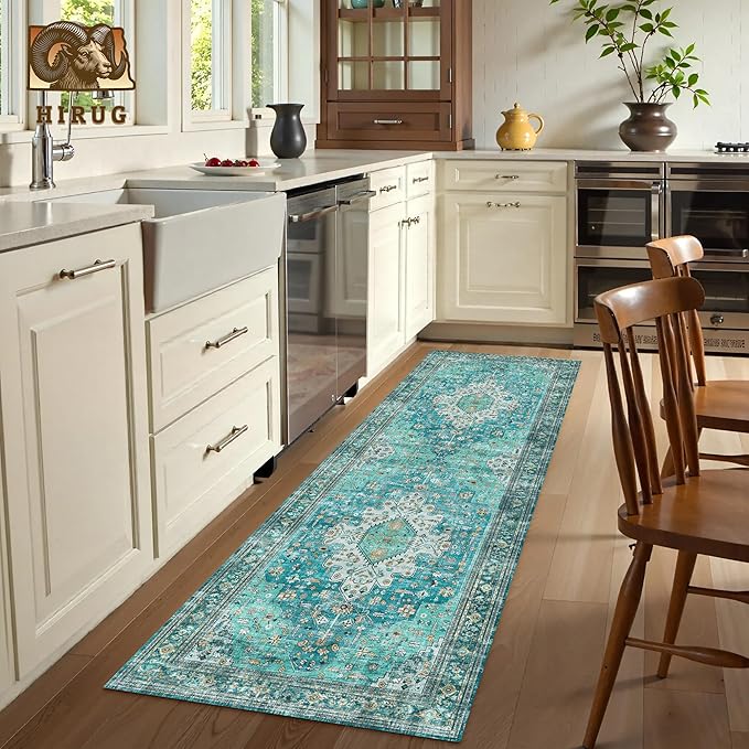 Washable Area Rug 2'6'' x 8' Vintage Traditional Persian Mat - Foldable Distressed Non-Slip Machine Washable Carpet for Living Room Bedroom Kitchen Home Decor - Teal and Gold