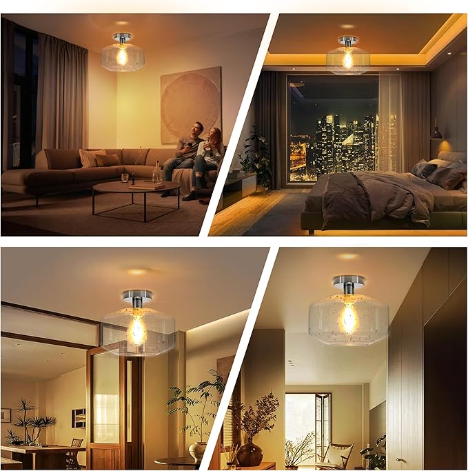 Semi Flush Mount Ceiling Lights, Industrial Ceiling Light, Glass Pendant Lamp Shade,11.8'' Inches Pendant Light Fixtures for Hallway, Entryway, Farmhouse, Kitchen (Seeded Glass)