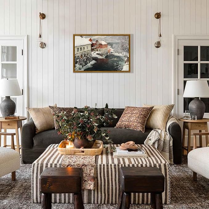 crmotu Framed Canvas Wall Art, Country Winter Scene Vintage Art Prints, Riverside Old Architecture Landscape Painting, Snow Scenery Rustic home Decor Living Room Bedroom, Farmhouse Wall Decor 16x24in