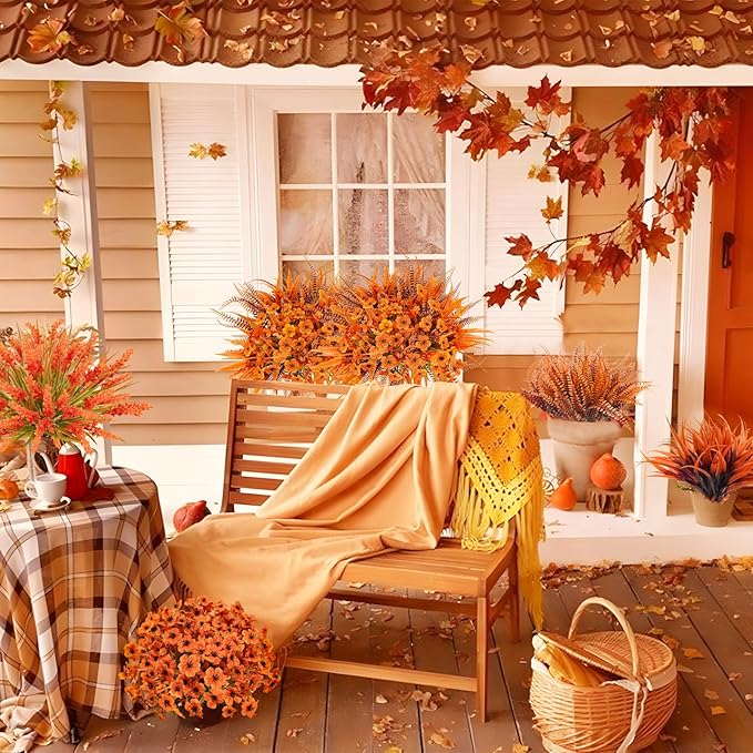 Faux Fall Flowers Outdoor, 16Pcs Artificial Fall Flowers UV Resistant Autumn Plastic Flowers Plants Fall Greenery Shrubs for Outside Porch Patio Garden House Thanksgiving Decor