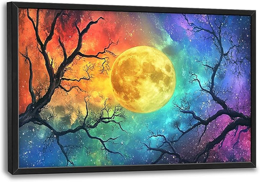 Extra Large Framed Abstract Moon Wall Art,Oversized Colorful Starry Night Tree Branch Wall Decor Pictures for Living Room,Canvas Print Painting Modern Artwork Bedroom Office Bathroom 36L x24W