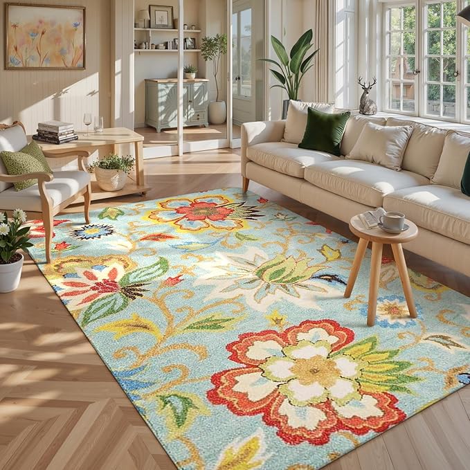 Lahome Machine Washable Floral Living Room Rug - 5x7 Area Rugs for Bedroom Non-Slip Large Low-Plie Soft Throw Nursery Kids Room Carpet Distressed Indoor Carpet for Dining Room Entryway Office