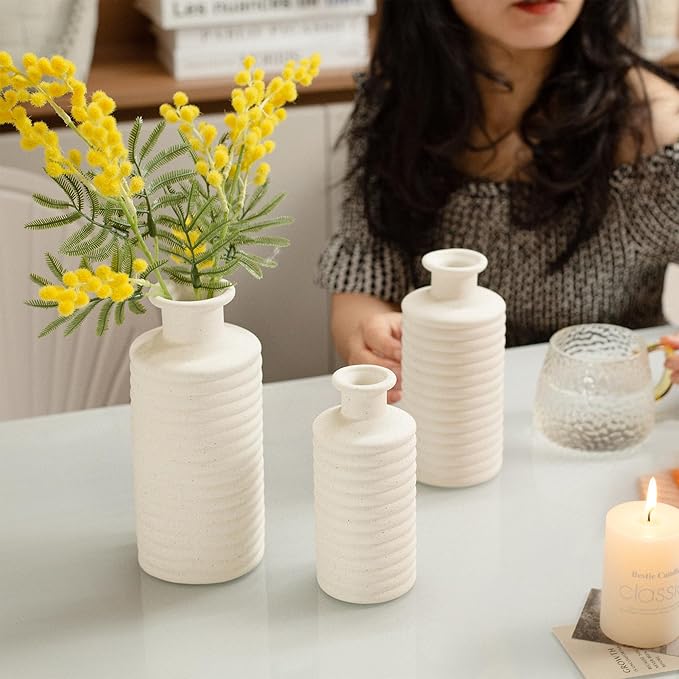 Ceramic Vase Set, Cream White Vases Home Decor, Boho Rustic Farmhouse Vase for Pampas Grass Fresh Flowers, Modern Vases for Living Room, Bedroom, Bathroom, Entryway, Dresser Table Decor