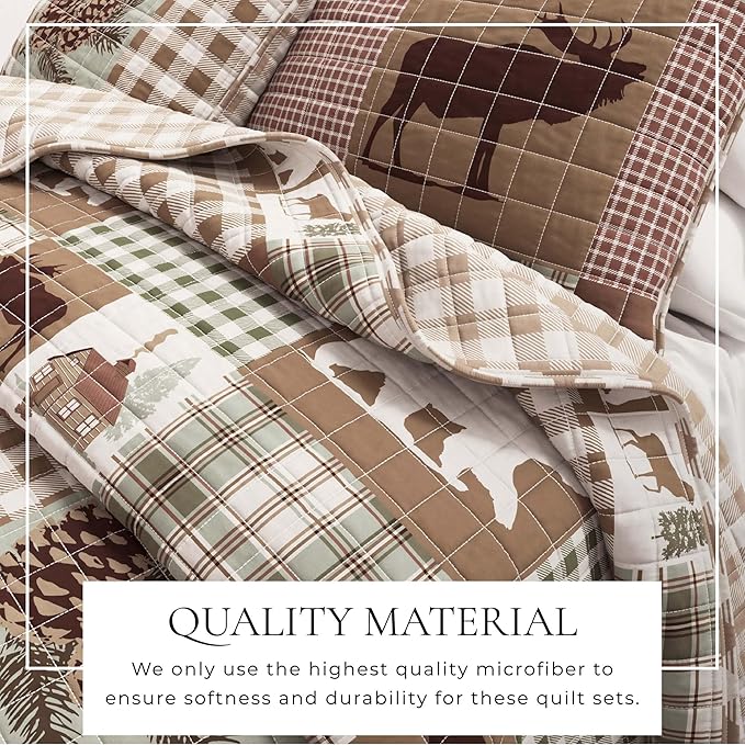 Rustic Cabin Full/Queen Size Quilt Set with Shams - All-Season, Lightweight, Reversible Bedspread - Lodge-Themed Summer Bedding Sets (Full/Queen, Hemlock Green/Brown)