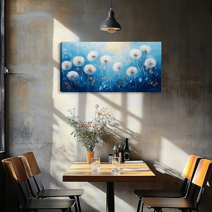 Kuiluuye Large Dandelion Wall Art Flower Painting Wall Decor Canvas Print Blue White Flora Picture for Living Room Home Bedroom Decoration Framed Poster Artwork 40L x 20W