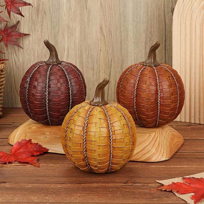 6 Inch Large Artificial Pumpkins, 3 Pcs Fall Pumpkin Decor Orange Clay Brown Dark Red Faux Resin Pumpkins Woven Pumpkin Centerpiece for Rustic Farmhouse Fall Thanksgiving Autumn Harvest Table Decor