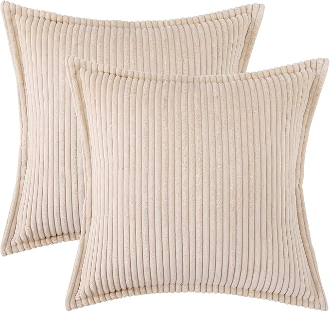 Mecatny Corduroy Throw Pillow Covers 26x26 Set of 2, Neutral Decorative Soft Boho Couch Pillow Covers with Broadside for Sofa Living Room, Beige