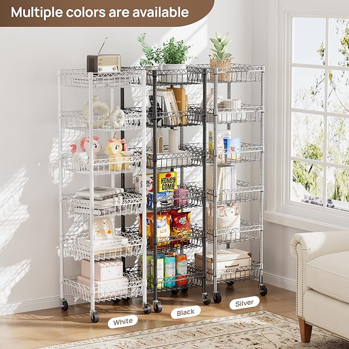 6 Shelves Storage Shelf Wire Closet Bathroom Organizers Metal Pantry Kitchen Garage Shelving Unit Laundry Room Organization Home Rack Net Basket White with Wheels 14" Dx14 Wx64.8 H