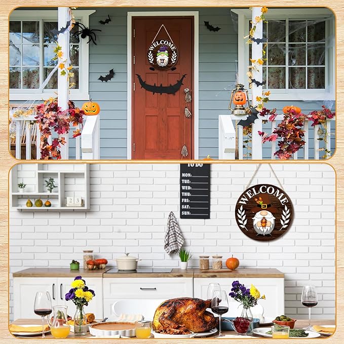 Qunclay Interchangeable Wooden Gnome Decor Holiday Seasonal Gnome Decorations with Magnet Pieces and Detachable Hats Changeable Welcome Sign for Home (Elegant Style)