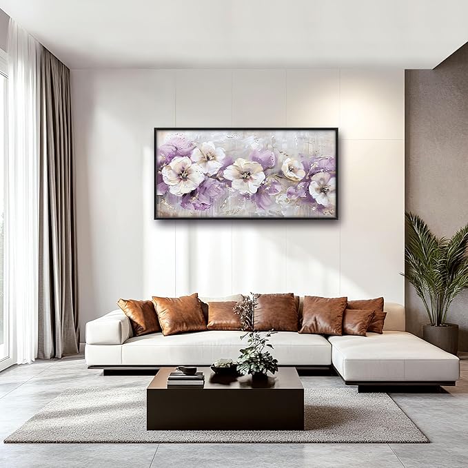 Large Wall Art for Living Room Framed, Purple Flower Wall Decor Pictures, Abstract Floral Canvas Print Painting, Aesthetic Artwork Bedroom Office Home Decor 60"x30"