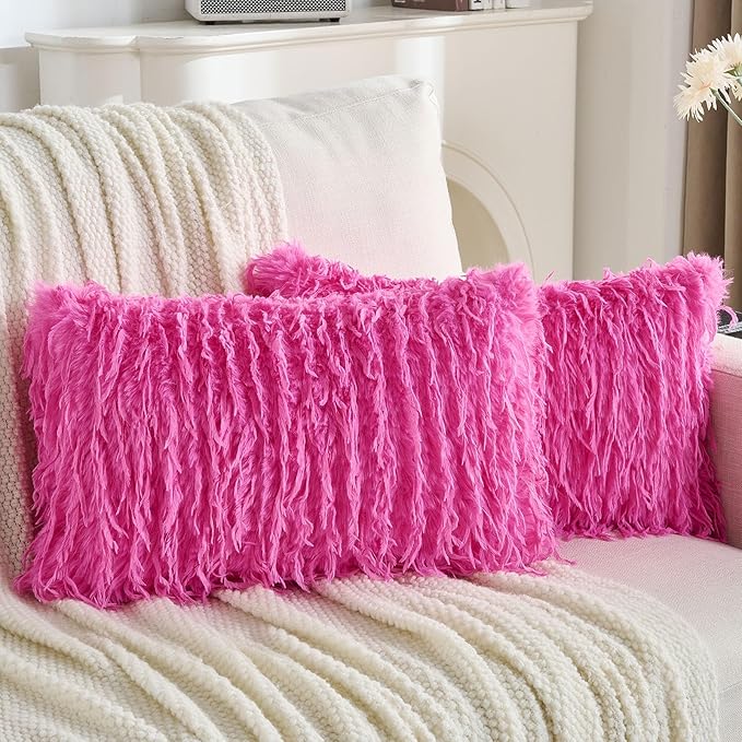 FUTEI Hot Pink Decorative Throw Pillow Covers 12x20 Inch Set of 2,Soft Fluffy Faux Feather Texture Lumbar Pillow Cases,Modern Home Luxury Decor for Couch Bed Living Room