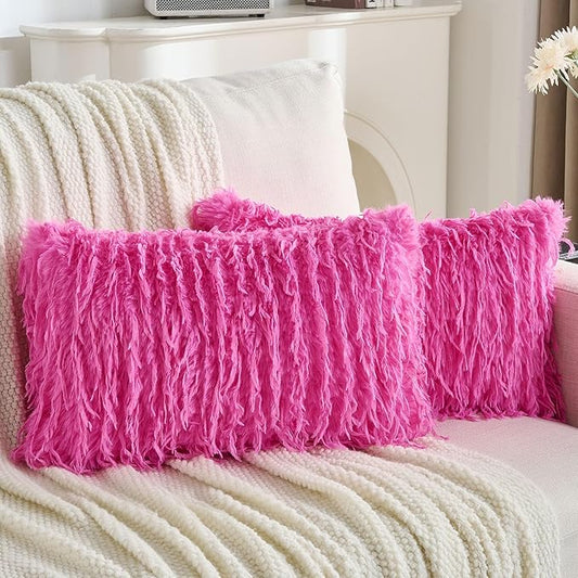 FUTEI Hot Pink Decorative Throw Pillow Covers 12x20 Inch Set of 2,Soft Fluffy Faux Feather Texture Lumbar Pillow Cases,Modern Home Luxury Decor for Couch Bed Living Room
