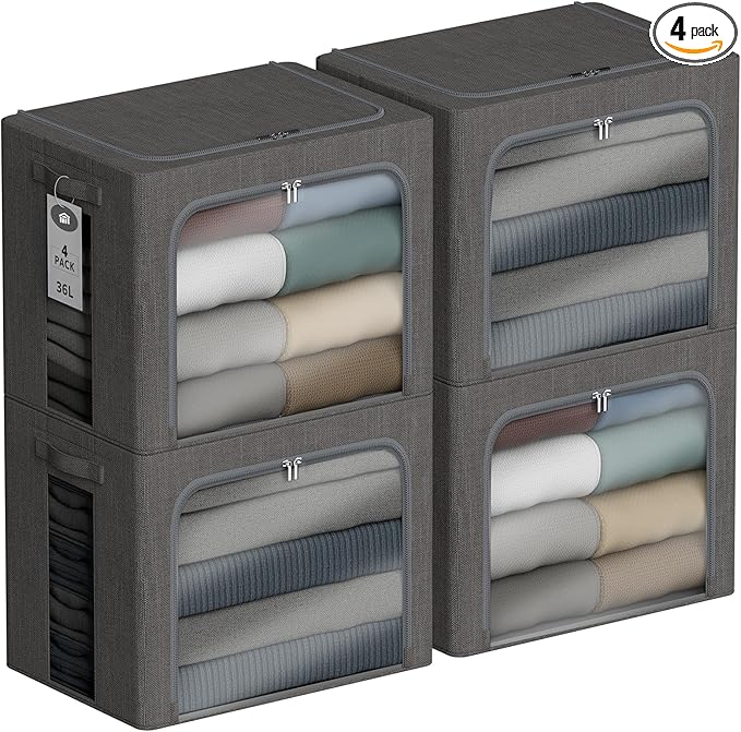 4 Pack Clothes Storage Bins with Metal Frame - 36L Stackable Storage Box with Lid，Foldable Storage Container Organizer for Clothes，Linen Fabric Storage Box with Clear Window＆Zippers＆Handles