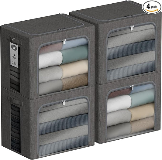 4 Pack Clothes Storage Bins with Metal Frame - 36L Stackable Storage Box with Lid，Foldable Storage Container Organizer for Clothes，Linen Fabric Storage Box with Clear Window＆Zippers＆Handles