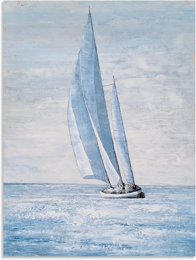 Yihui Arts Coastal Sailing Boat Canvas Wall Art - Blue and White Nautical Picture for Living Room, Bedroom, or Bathroom Decor with Vertical Seaside Artwork