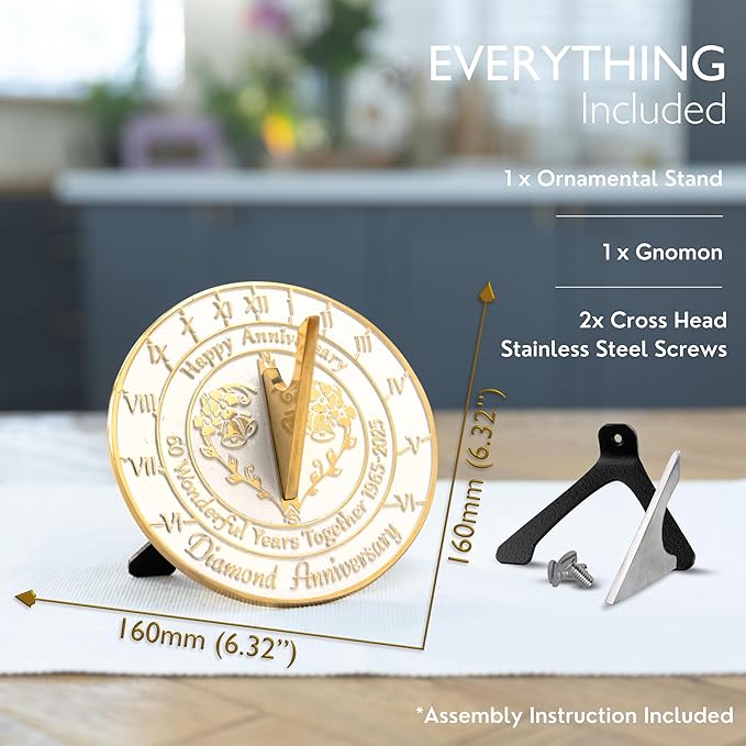 Anniversary Sundial Gift for 60th Diamond Wedding Anniversary in 2025 - Recycled Metal Home Decor Or Garden Present Idea - Handmade in UK for Him, Her Parents Or Couples 60 Year Celebration