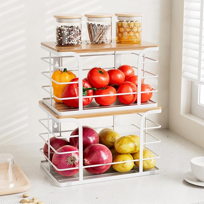 2 Pack Pantry organizers and Storage,Kitchen Organization with Bamboo Top,Stackable Kitchen Pantry bin for Onion,Potato,Fruits,Produce,Vegetable,White