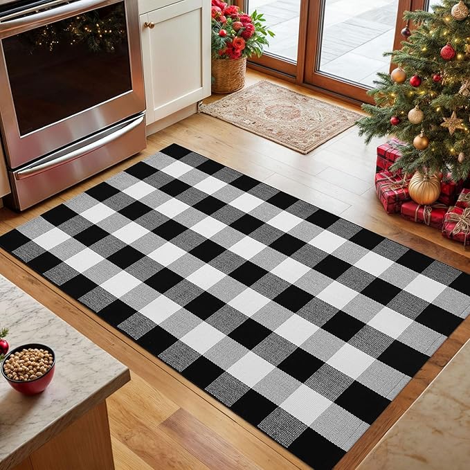 KOZYFLY Buffalo Plaid Area Rugs 3x5 Ft Black and White Checkered Rug Washable Front Door Mat Hand Woven Cotton Outdoor Rug Large Rug for Front Porch Kitchen Entryway Patio Bathroom