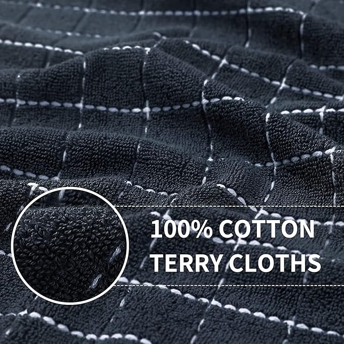 Homaxy 100% Cotton Terry Kitchen Towels(Dark Grey, 13 x 28 inches), Checkered Designed, Soft and Super Absorbent Dish Towels, 4 Pack