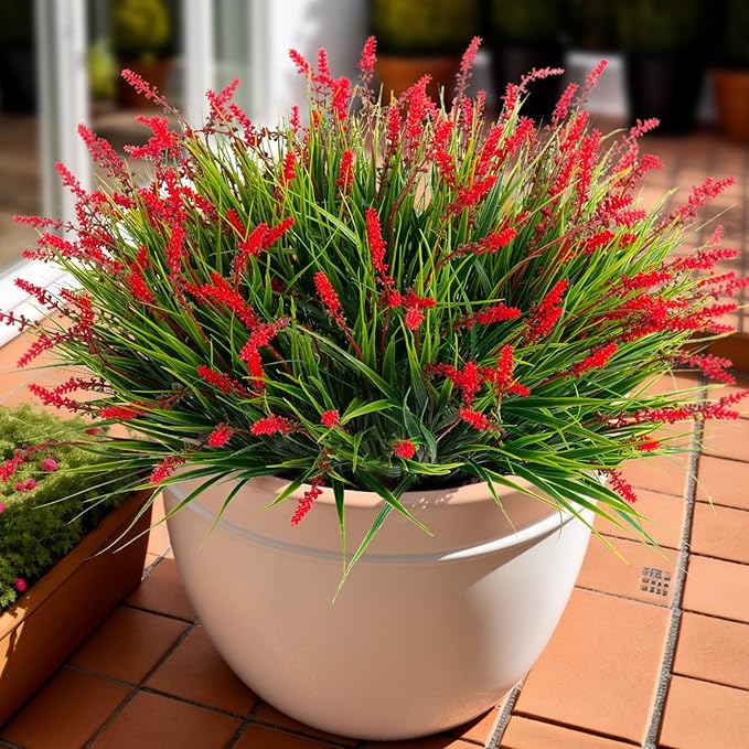 Artificial Faux Plants Flowers for Outdoor Decorations, Fake Monkey Grass for Outside Porch Patio, No Fade Realistic Greenery Plant, UV Resistant Artificial Bush Shrubs for Courtyard Window Garden