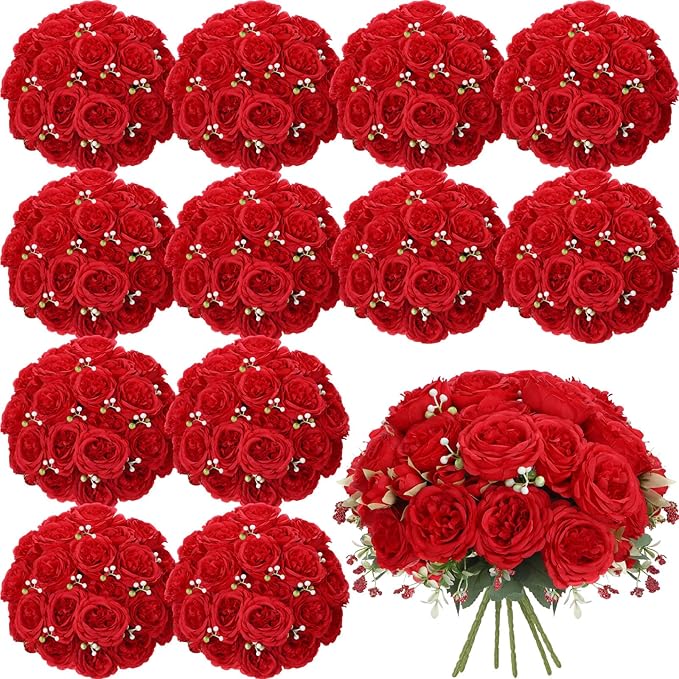 Geosar 16 Bundles Artificial Peonies Flowers Fake Silk Peony Bouquet Faux Peonies Flowers Bulk for Decoration Vase Florals Arrangements Wedding Party Table (Bright Red)