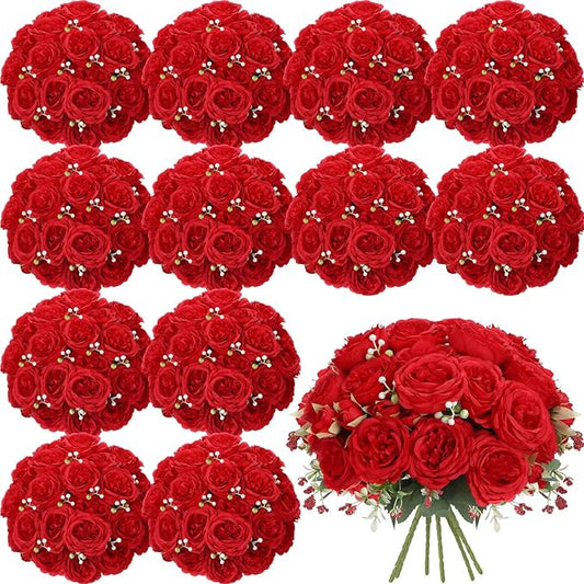 Geosar 16 Bundles Artificial Peonies Flowers Fake Silk Peony Bouquet Faux Peonies Flowers Bulk for Decoration Vase Florals Arrangements Wedding Party Table (Bright Red)