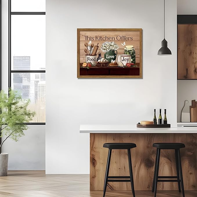 Kitchen Wall Art, Vintage Rustic Farmhouse Food Still Life Wall Decor Paintings, This Kitchen Offers Food Love and Joy Canvas Pictures Posters Prints for Dining Room Home Decor 12x16 Inch Wood Framed