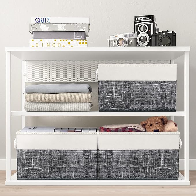 Fab totes Storage Bins [4-Pack], Foldable Storage Baskets for Organizing Toys, Books, Shelves, Closet, Large Storage Box with Rope Handles, Sturdy Organizer Bins, White & Black