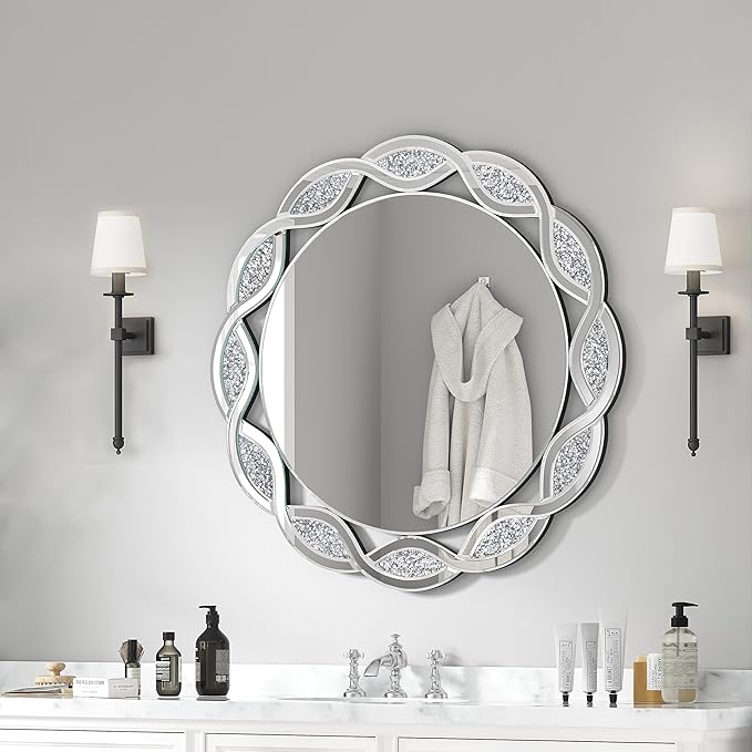 Crystal Decorative Mirror-32 x32 Gorgeous Silver Mirror Crush Diamond Mirror for Wall Decoration Bedroom Bathroom Dining Room and Living Room