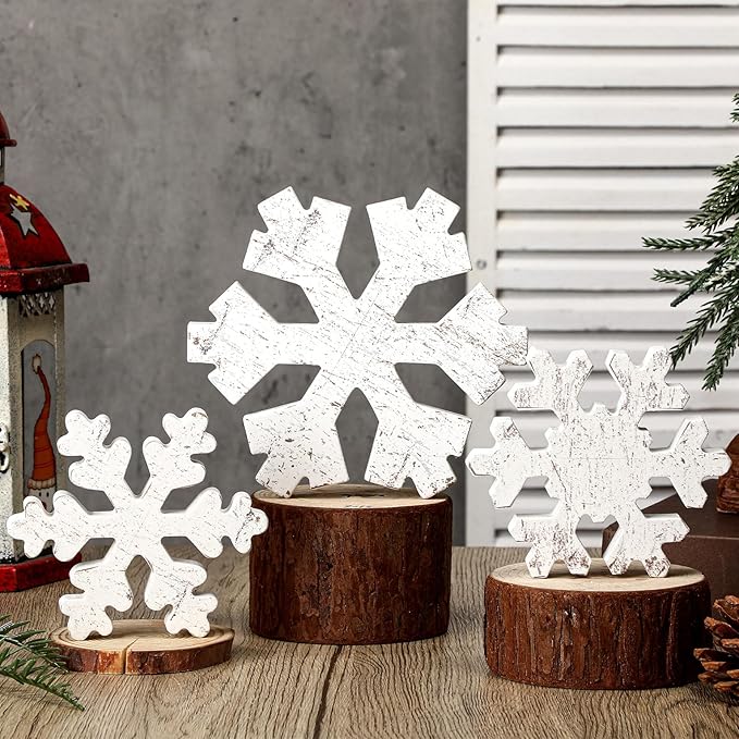 Bucherry 3 Pcs Winter Wooden Snowflake Decor Rustic Winter Snowflake Table Signs Wonderland Wood Blocks Farmhouse Christmas Tiered Tray Decorations for Xmas Table Shelf(Classic White)