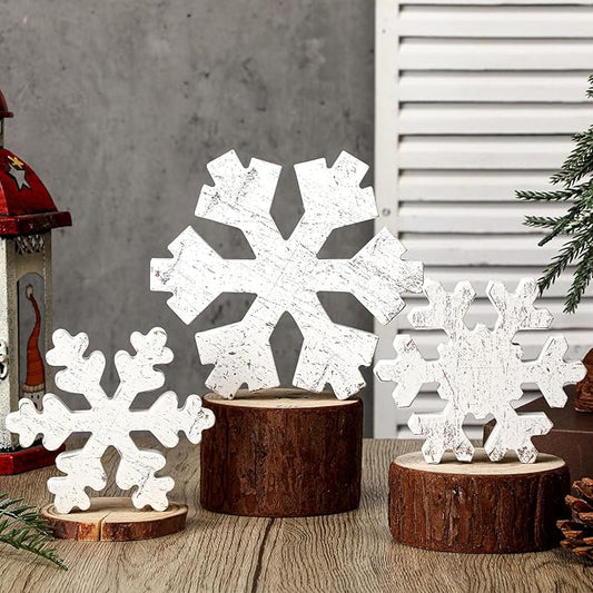 Bucherry 3 Pcs Winter Wooden Snowflake Decor Rustic Winter Snowflake Table Signs Wonderland Wood Blocks Farmhouse Christmas Tiered Tray Decorations for Xmas Table Shelf(Classic White)