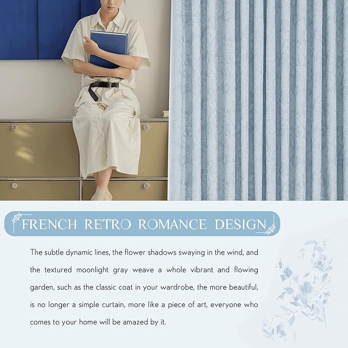 Beauoop Blue Floral Jacquard Blackout Curtains 90 Inches Long 2 Panels for Bedroom Living Room Chenille Flower Room Darkening Thermal Insulated Soundproof Grommet Window Treatments Drapes, 52x90