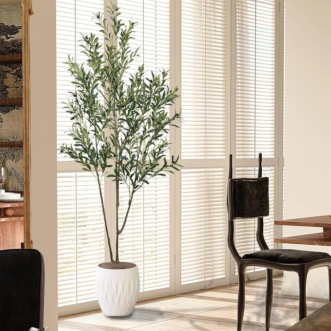 Faux Olive Tree 6.56ft(78in) Tall Artificial Plant Indoor Decor Large Realistic Potted Fake Modern Greenery with Natural Wood Branches and Green Leaves for Home Living Room,Bedroom,Office Decor