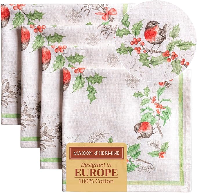 Maison d' Hermine Cloth Napkins Set of 4 100% Cotton Everyday Reusable Square Napkins Cloth Washable, Dinner, Party, Wedding, Restaurant (Christmas Dew, 20" x 20")