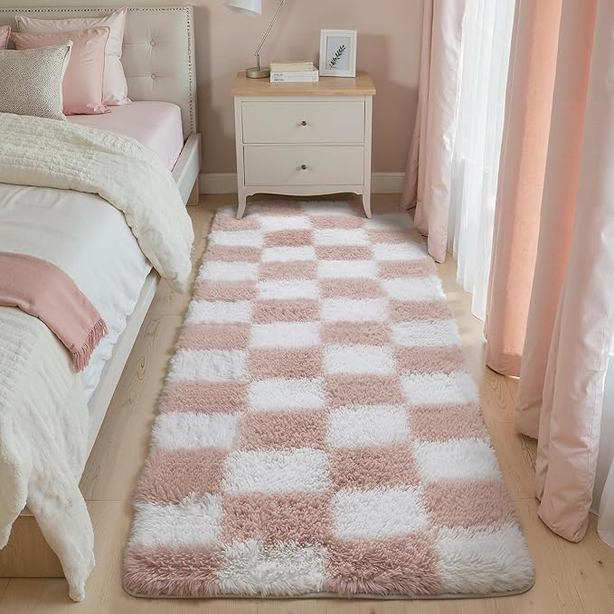 Checkered Area Rug 2x6 for Bedroom, Pink and White Modern Shag Rug Super Soft Runner Carpet Washable Fluffy Rugs for Living Room Bedside Sofa Home Dorm Decor Aesthetic