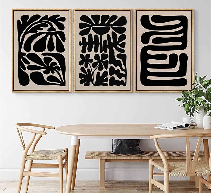 3 Pcs Boho Abstract Floral Canvas Wall Art Mid Century Modern Minimalist Black Neutral Flower Botanical Picture Wall Decor Poster Print Artwork for Living Room Bedroom Home Decoration Unframed