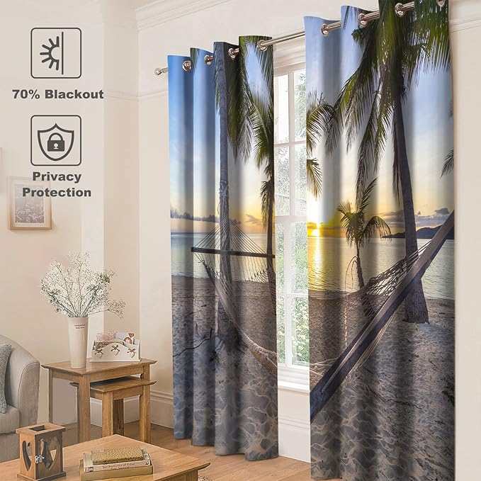 Jekeno Ocean Palm Trees Blackout Curtains Beach Sky Sunshine Seascape Decor for Bedroom Living Room Grommet Window Drapes 2 Panel Set, 52"x63"
