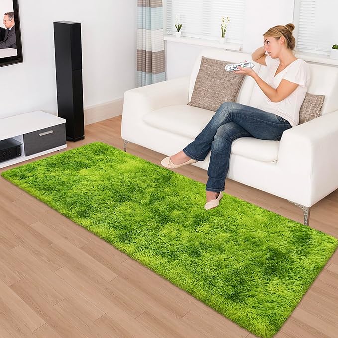 Tie-Dyed Runner Rug for Bedroom Green 2x6ft Fluffy Area Rug Bedside Runner Rug for Kids Room Boys Teens Nursery Baby Living Room Dorm Home Decor Carpets