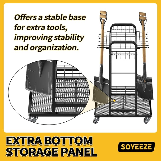 SOYEEZE Garden Tool Organizer with Lockable Wheels, 3-Tire Heavy Duty Yard Tower Tool Rack for Garage, Up to 35 Long-Handled Tools, Garden Tool Cart with 12 Hooks for Tool Organization and Storage