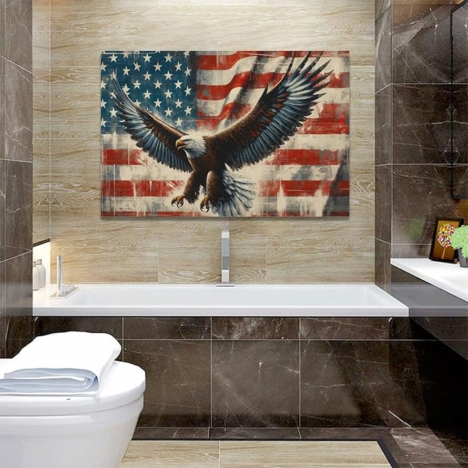 Large Bald Eagle Wall Art American Flag and Eagle Pictures Wall Decor Patriotic Motivational Bedroom Sign Canvas Painting Prints Modern Home Decoration Artworks Framed for Living Room Office 24"x16"