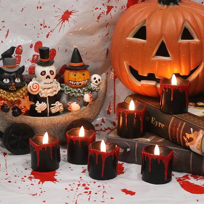 Eldnacele Black Votive Flameless Candles Battery Operated with Timer, 300+ Hour Blood Dripping Wax Tea Lights Flickering Electric LED Candles Fall Dinner Decor Spooky Halloween Lights(6Pcs,2"×2.2")