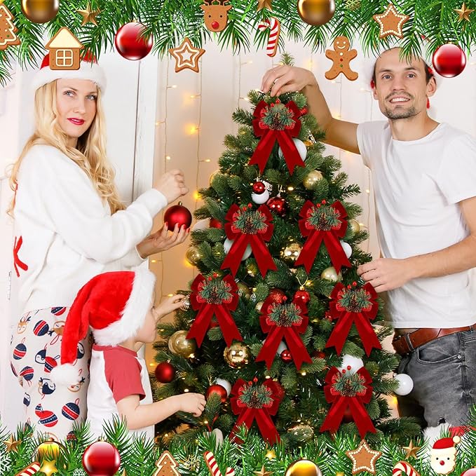 Syhood 6 Pcs Christmas Velvet Bow with Pine Cones Pine Needles Berries Xmas Wine Red Ribbon Bow Ornaments 6.3 x 5.1 Inch for Christmas Tree Wreath Garden Fireplace Crafts DIY Decor